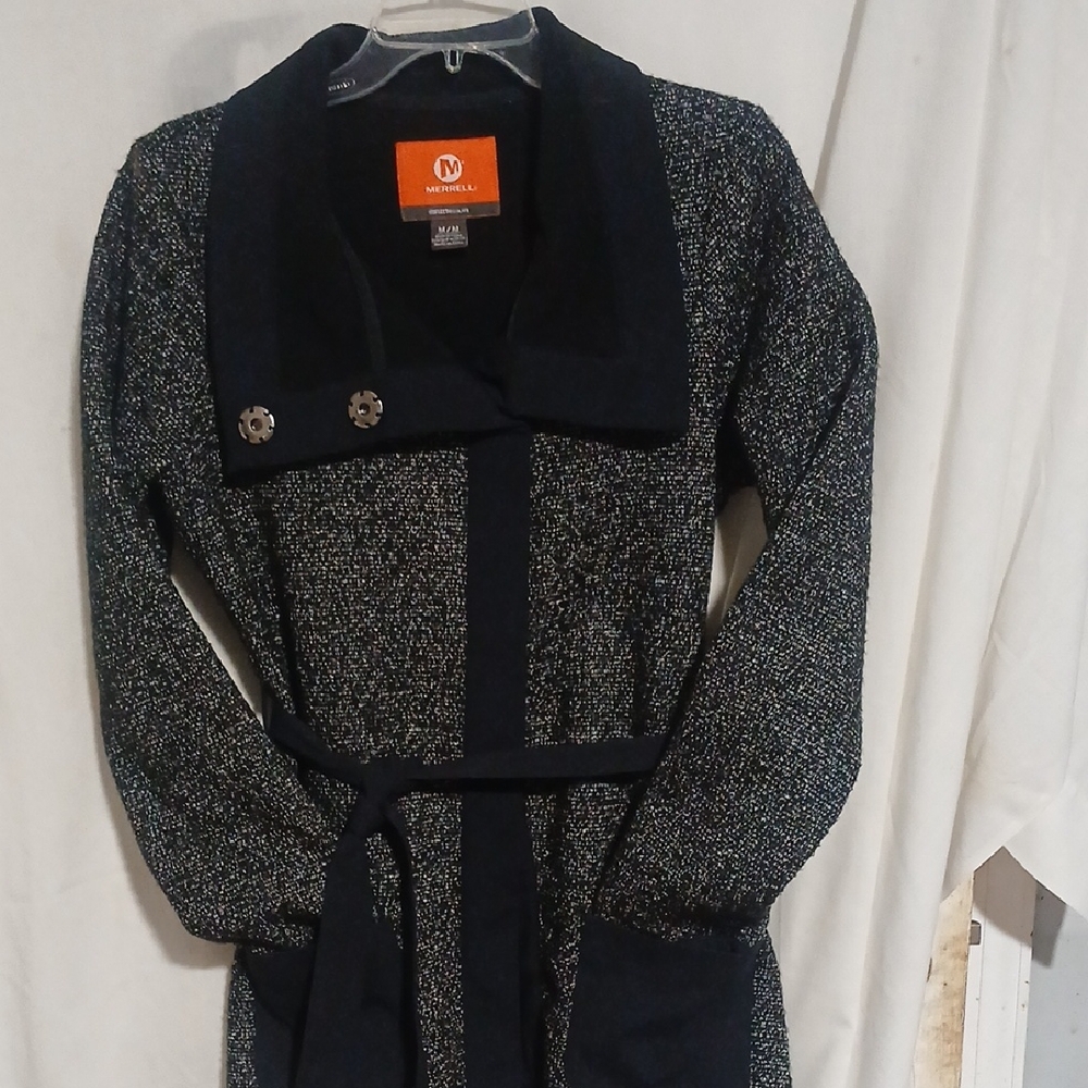 Merrell Women's Black and Gray Tweed Look Sweater Jacket.
